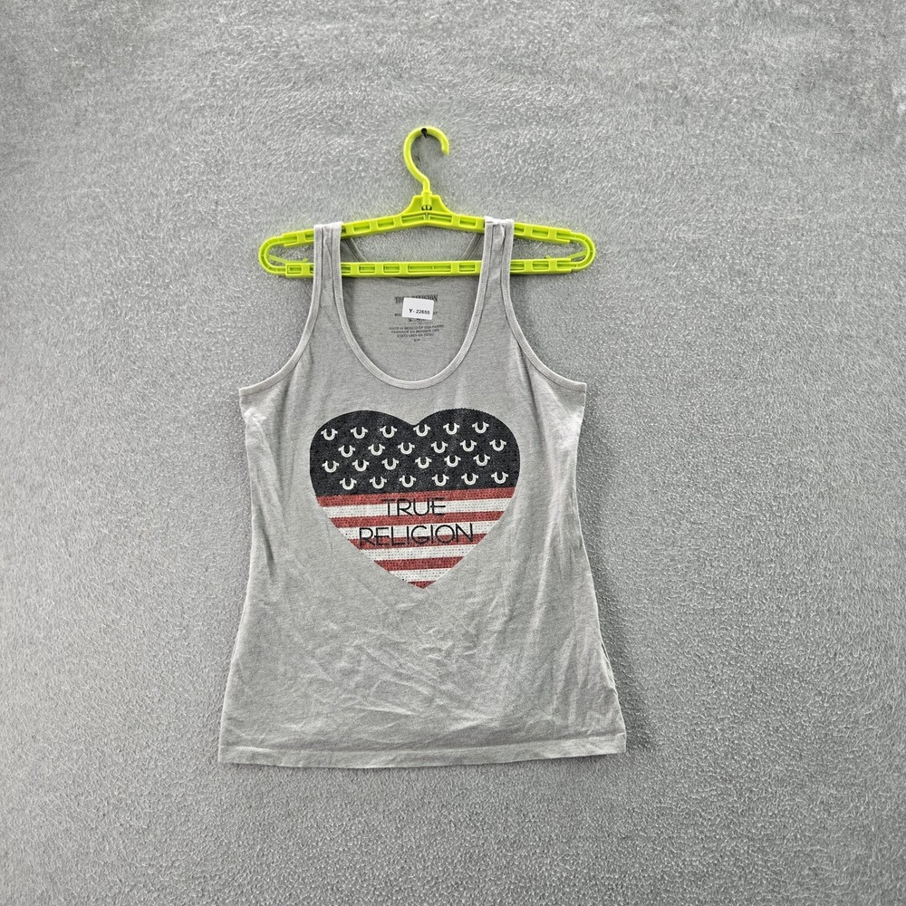True Religion Women Tank Top S Gray Graphic Print Rhinestone Scoop Neck Pullover